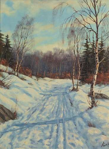 Kurt Haugaard - Snowy landscape, signed oil on canvas, inscribed verso, framed, 38cm x 28cm : For