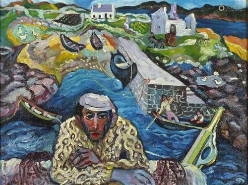 Manner of Gerard Dillon - Figure before water with moored boats, Irish school oil on board, framed