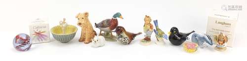 Collectable china and glassware including Langham bird paperweights, Goebel duck, Beatrix Potter