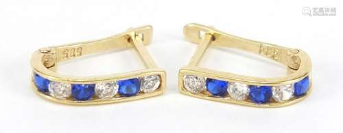 Pair of 14ct gold blue and clear stone hoop earrings, 1.1cm in length, 1.2g : For Further