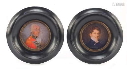 Pair of circular portrait miniatures of gentlemen, each housed in ebonised frames, each 6cm in