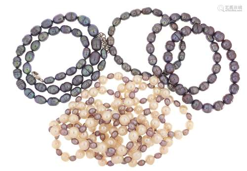 Two Jersey freshwater pearl necklaces and three bracelets, the largest 160cm in length, 193.3g : For