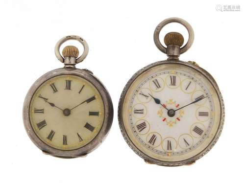 Two ladies silver pocket watches with enamel dials, the largest 3.4cm in diameter : For Further