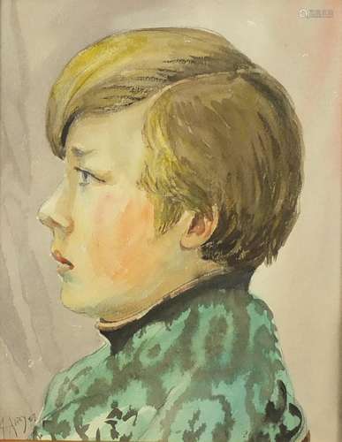 Head and shoulders portrait of a young boy, pencil and watercolour, bearing a signature A Airy,