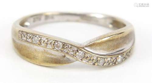 9ct gold diamond half eternity crossover ring, size M, 1.8g : For Further Condition Reports Please