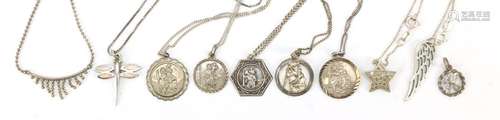 Silver necklaces and pendants including six St Christopher pendants, 49.0g : For Further Condition