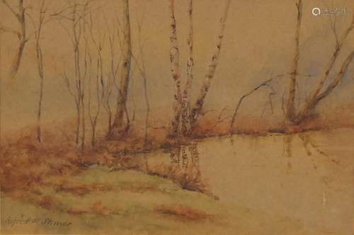 Alfred M Stimer ? - Pond and trees, watercolour, Pens Gallery label to reverse, 23cm x 15cm : For