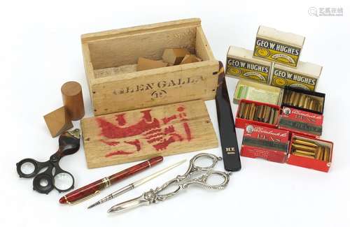 Antique and later objects including a tartan fountain pen, horn and tortoiseshell magnifying