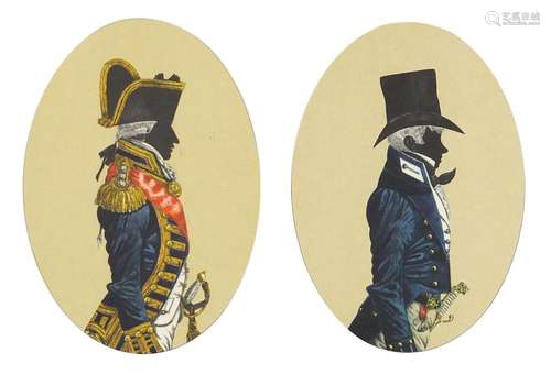 Gentlemen in naval dress, two oval silhouette portraits, framed and glazed, each 17cm x 12cm : For