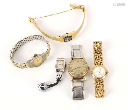 Vintage 9ct gold Alpina wristwatch and four others, the gold watch 30mm in diameter : For Further