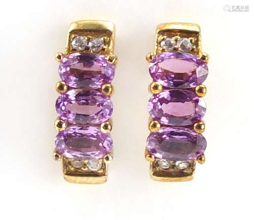 Pair of 9ct gold amethyst and white sapphire half hoop earrings, 1.4cm in length, 2.4g : For Further