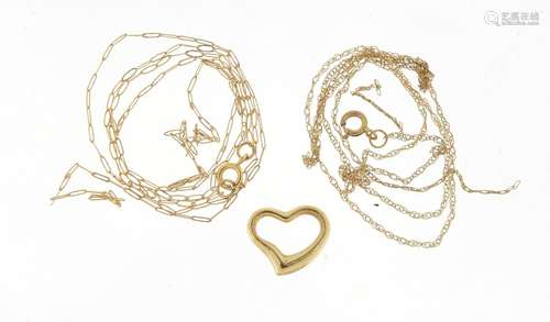 Two broken 9ct gold necklaces and a love heart pendant, 0.9g : For Further Condition Reports