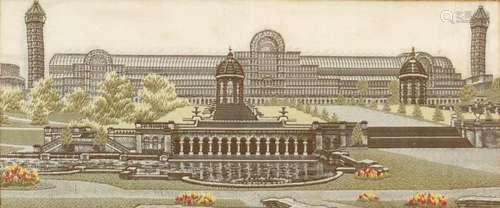 Victorian stevengraph of The Crystal Palace Exhibition, mounted, framed and glazed, 13.5cm x 5.5cm :