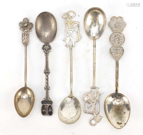 Five silver coloured metal spoons including a Chinese example, 51.4g : For Further Condition Reports