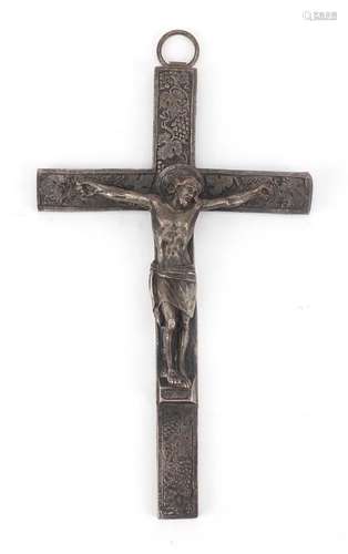 Russian Orthodox silvered bronzed crucifix, 17.5cm high : For Further Condition Reports Please Visit