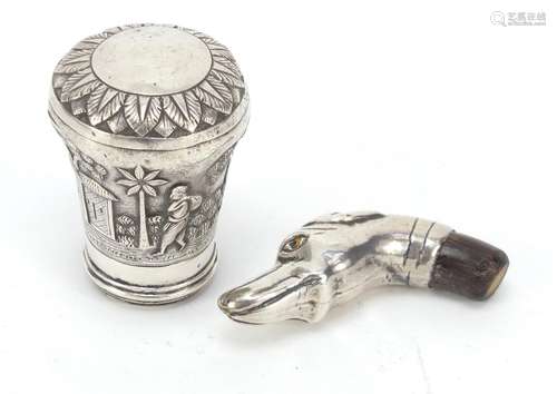 Silver Greyhound head walking stick handle with beaded eyes and an Anglo Indian example embossed