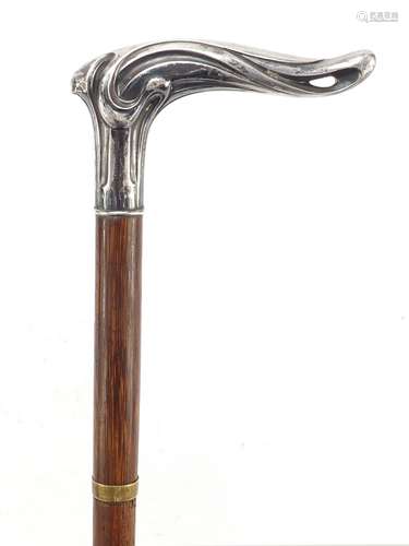 French Art Nouveau hardwood walking stick with silver plated handle engraved Cellard Architect