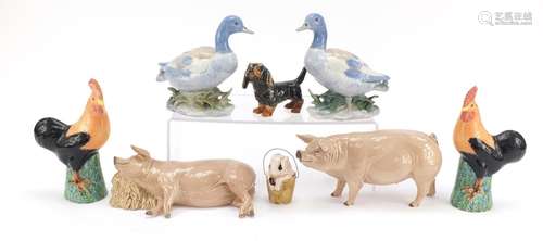 Porcelain animals including two pigs and a Goebel dog, the largest 20cm in length : For Further