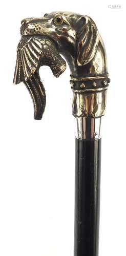 Ebonised walking stick with dog's head design pommel and silver collar, 91.5cm in length : For