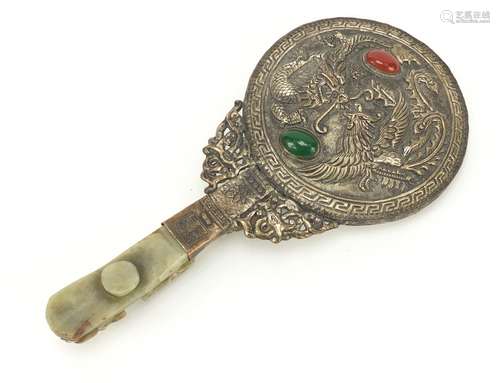 Chinese silver coloured metal hand mirror with carved green hardstone handle, 23cm in length : For