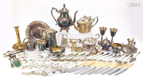 Silver plate and metal ware including 19th century chamber stick, tea set, sauce boats and cutlery :