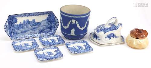 Collectable china including a Wedgwood Jasperware cache pot and a Sylvac bread pot, the largest 31cm