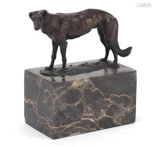 Patinated bronze greyhound raised on a rectangular marble base, 15.5cm high x 15.5cm wide : For