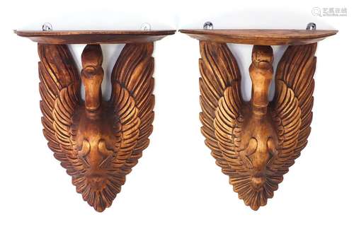 Pair of carved lightwood swan design wall brackets, each 44.5cm high : For Further Condition Reports