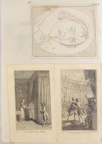 Antique and later engravings and prints arranged in a folder, some Old Masters including La