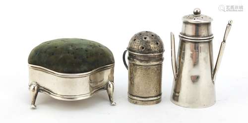 Silver items including a novelty pin cushion and a miniature chocolate powder shaker, various