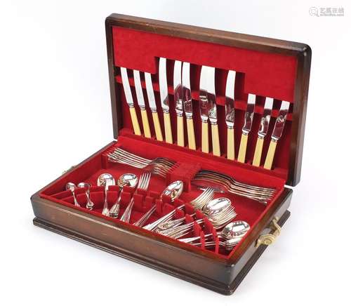 Six place canteen of silver plated cutlery, the knives each engraved Selfridges, 47.5cm wide : For