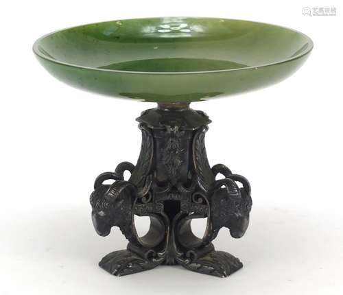 19th century nephrite topped sweetmeat dish on silver column base mounted with rams heads,