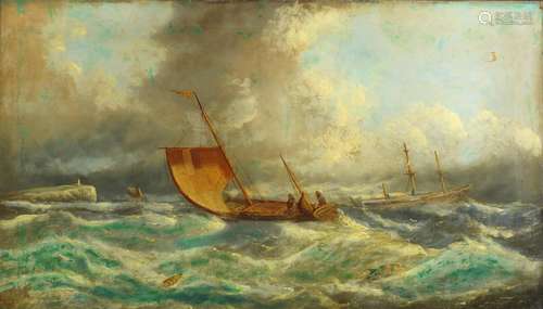 E Temple - Ships on rough seas, 19th century marine oil on canvas, framed, 106cm x 60cm : For