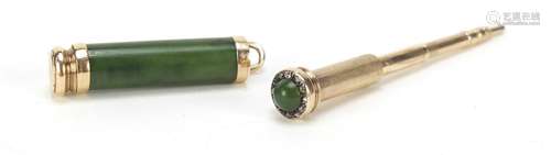 Good unmarked gold, nephrite and diamond set propelling pencil in the style of Fabergé, 4.5cm in