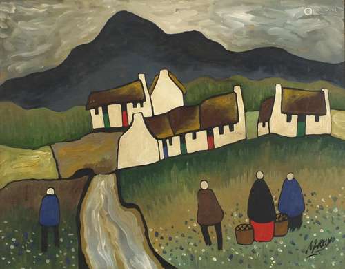 Figures before cottages and mountains, Irish school oil on canvas, mounted and framed, 46cm x 34cm :