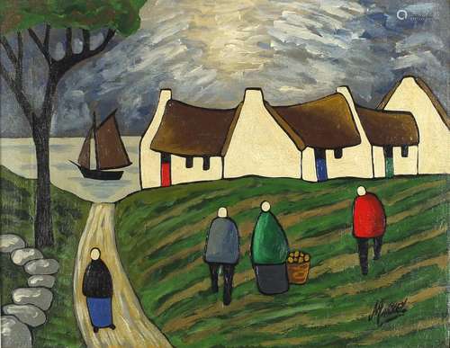 Figures before cottages and water, Irish school oil on canvas, framed, 46cm x 35cm : For Further