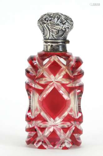 Victorian ruby flashed cut glass scent bottle with unmarked silver hinged lid, 9.5cm high : For