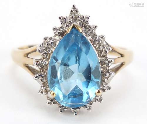 9ct gold blue topaz and diamond pear shaped ring, size P, 3.1g : For Further Condition Reports