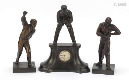 Early 20th century cricketing interest bronzed three piece clock garniture, the clock with