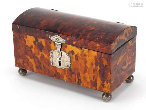 Early 19th century tortoiseshell dome topped casket with unmarked silver mounts and ball feet, 11.