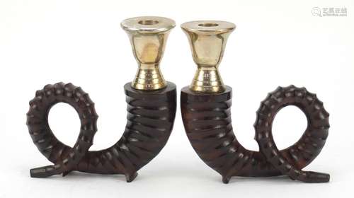 Pair of American Hollywood Regency style patinated bronze ram horn candlesticks, possibly by