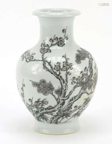 Chinese grisaille porcelain vase, hand painted with bamboo and flowers, four figure character