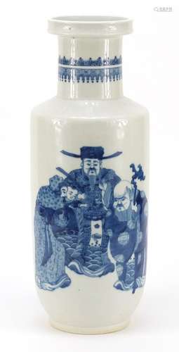 Large Chinese blue and white porcelain rouleau vase hand painted with an Emperor, attendant and