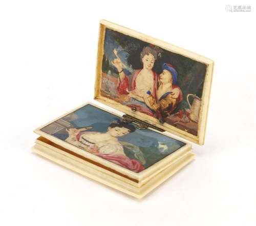 18th/19th century ivory card case with hidden compartment hand painted with two panels of lovers