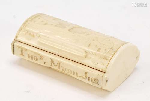 Early 19th century bone snuff box carved with a town, inscribed Thos Munn Jnr, 8cm wide : For