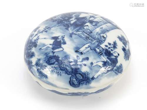 Chinese blue and white porcelain rouge seal box and cover, hand painted with figures in a landscape,