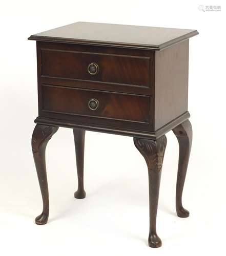 Mahogany sewing box table with contents, raised on cabriole legs, 65cm H x 46cm W x 33cm D : For