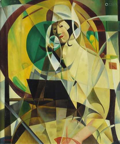 Manner of André Lhote - Abstract composition, geometric shapes with figure, French school oil on