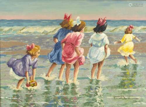 Children paddling in the sea, American school oil on canvas, framed 37.5cm x 27cm : For Further