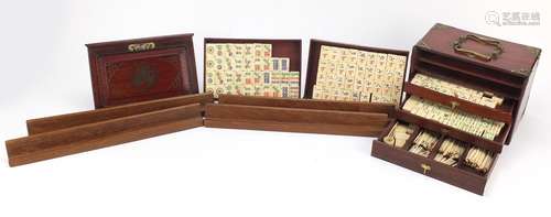 Chinese bone mahjong set with brass mounted chest and four stands, the chest 16.5cm H x 24cm W x